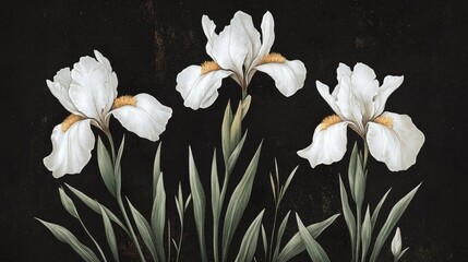 Delicate white irises on a dark backdrop, captured in a vintage botanical illustration with detailed floral patterns.