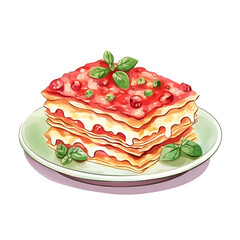 Delicious lasagna on a plate, garnished with fresh basil leaves and rich tomato sauce.