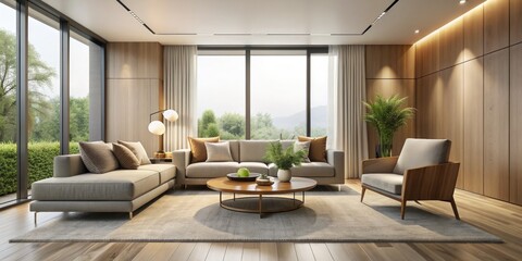 Fototapeta premium Sleek, modern living room with neutral tones, sparse decor, and natural light, evoking a sense of calm, serenity, and minimalist elegance in a beautifully curated space.