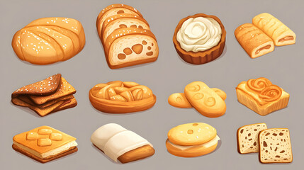 Bakery Bread Pastries Assortment    Cartoon Illustration