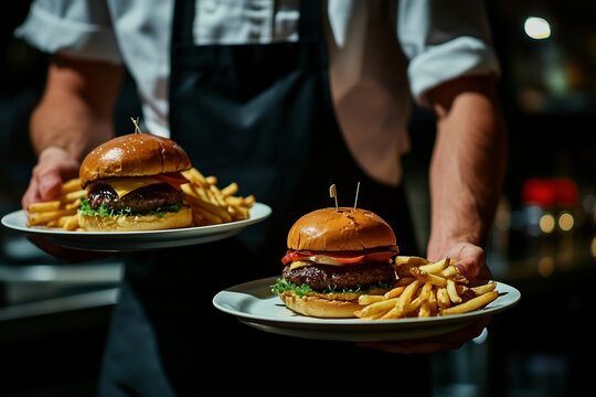 A waiter in the restaurant serving two plates of burgers