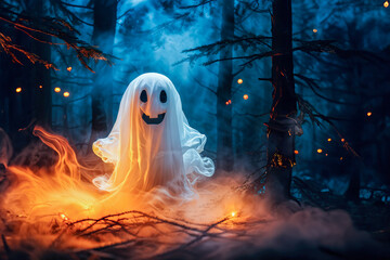 a funny halloween ghost in a forest at night