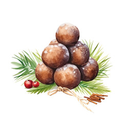 Christmas truffles arranged on a pine branch with red berries, offering a festive and delicious holiday treat.
