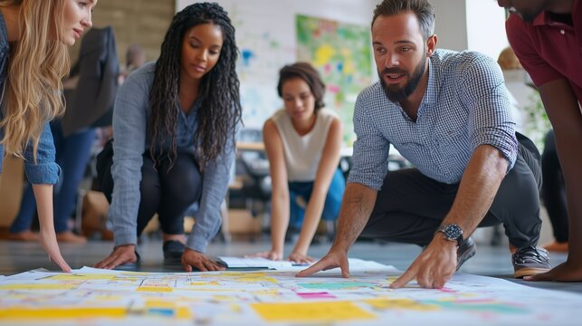 Team collaborates on project planning using colorful notes in a modern office space during a brainstorming session