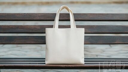 Blank tote bag on a casual park bench, everyday accessory branding concept
