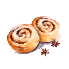 Illustration of two delicious cinnamon rolls with star anise spices on the side, perfect for baking and pastry designs.