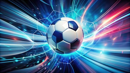 Naklejka premium Vibrant, stylized illustration of a soccer ball in mid-air, swirling with energetic lines and shapes, set against a bold, abstract background of blues and whites.