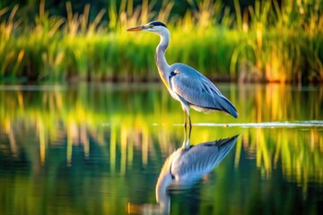 Naklejka premium Serene lakeside scene featuring a solitary heron standing still in shallow water, its striking plumage mirrored perfectly in the calm lake's glassy surface.