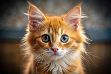 Fototapeta premium Curious whiskered fuzzball gazes directly at the lens, showcasing vibrant orange fur, bright curious eyes, and an irresistibly cute expression of feline innocence.