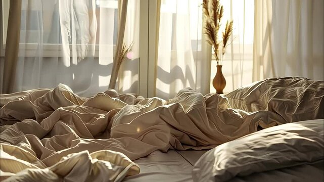 Soft morning light filters through sheer curtains illuminating a cozy bed with rumpled sheets and pillows creating a serene and inviting atmosphere
