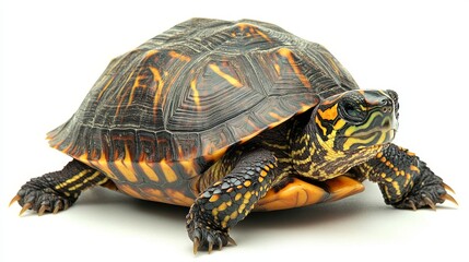 As a turtle swims in a river, its shell with distinct patterns stands out against a light background