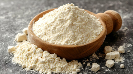 White Flour in Wooden Bowl on Dark Background