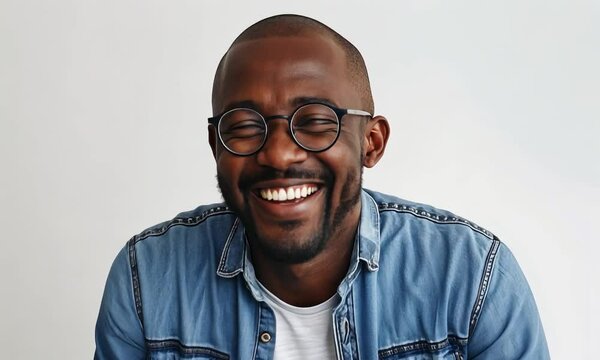 A cheerful individual beams with happiness, showcasing a genuine smile as he poses confidently. His relaxed demeanor complements the bright, minimalist setting