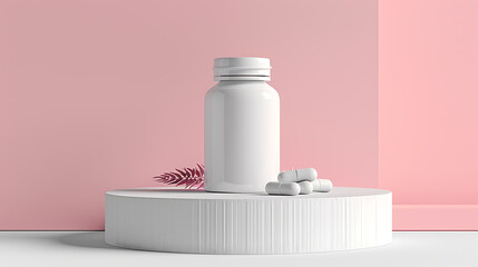 A white pill bottle with capsules on a white platform in front of a pink background.  The bottle and capsules are positioned for a minimal product shot.