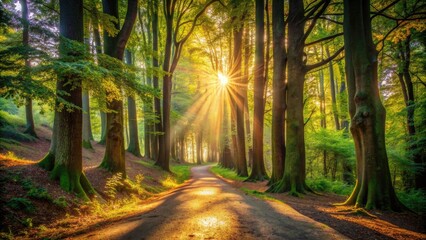 Fototapeta premium Serene forest pathway winding through tall trees with sunlight filtering through leafy canopy, casting dappled shadows on rustic earthy ground and surrounding foliage.