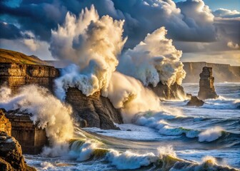 Fototapeta premium Turmoil envelops the rugged coastline as towering waves fueled by a fierce tempest crash violently against ancient rocks, sending plumes of sea spray skyward.