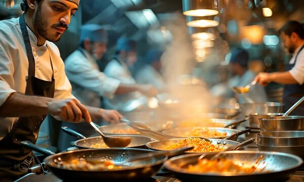 A passionate chef skillfully prepares multiple dishes amid the sizzling sounds and aromatic steam of a busy kitchen, showcasing culinary expertise and teamwork