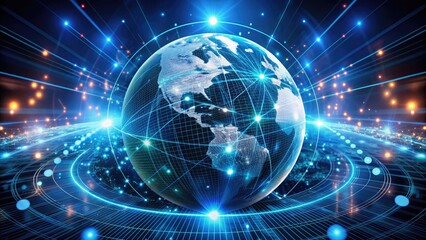 Obraz premium Glowing lights and binary code envelop a futuristic globe, symbolizing worldwide connections, advanced technology, and the rapid flow of digital information in a virtual world.