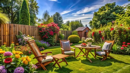 Obraz premium Sunny afternoon in a lush green backyard with a wooden fence, outdoor furniture, and vibrant flowers, perfect for relaxation and summertime entertainment.
