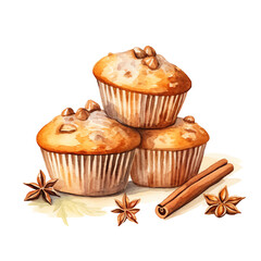 Three delicious cinnamon muffins stacked with star anise and cinnamon sticks, perfect for a cozy breakfast or dessert.
