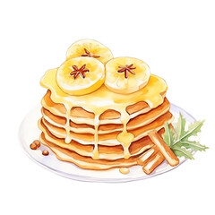 Delicious pancakes stacked with syrup and bananas on top, perfect breakfast or dessert food