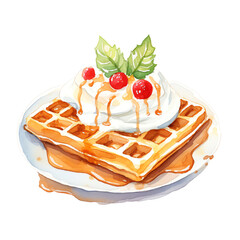 Delicious waffles topped with whipped cream, syrup, cherries, and mint leaves, perfect for a delightful breakfast or dessert treat.
