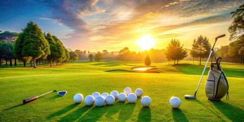 Serene morning scene on a lush green golf course with golf balls positioned on the short grass, accompanied by neatly arranged golf clubs, ready for play.