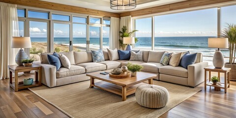 Fototapeta premium Soothing beige and blue hues adorn a serene beach house living room with plush sectional sofa, natural textures, and large windows overlooking the ocean.