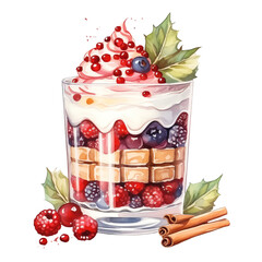 Artistic illustration of a dessert parfait with berries, whipped cream, and cinnamon sticks. Perfect for food and culinary themes.