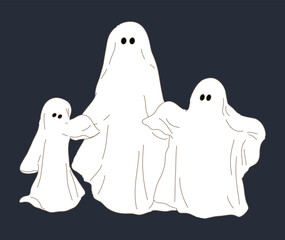 Family wearing  white sheet as ghost costume for Halloween party. Hand drawn flat cartoon character vector illustration.
