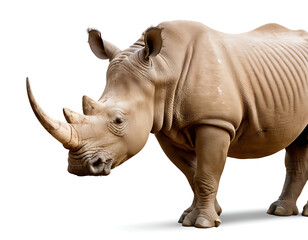 Fototapeta premium A powerful White Rhinoceros stands alert against a white background, its two horns and thick skin clearly visible. Perfect for wildlife documentaries, educational resources, or projects focused on con