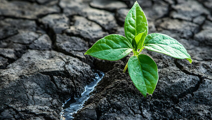 Naklejka premium A resilient plant sprouts from cracked soil, symbolizing hope and growth in challenging environments.