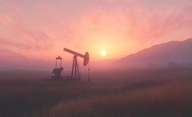 Energy industry silhouettes of oil pumps in a field during a dramatic sunset.