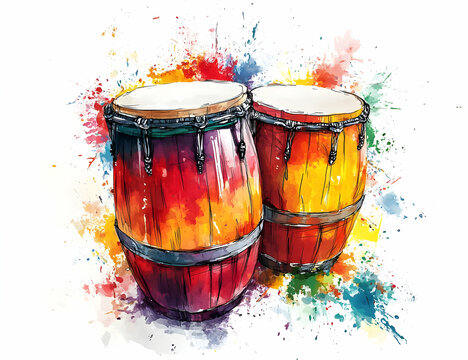 Vibrant watercolor painting of conga drums, representing rhythm and musical energy with colorful splashes.