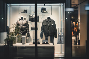 Modern clothing store is displaying winter fashion for sale, featuring mannequins dressed in warm jackets, jeans, and boots