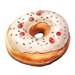 A delicious donut topped with white icing and red sprinkles, perfect for breakfast or a sweet treat.