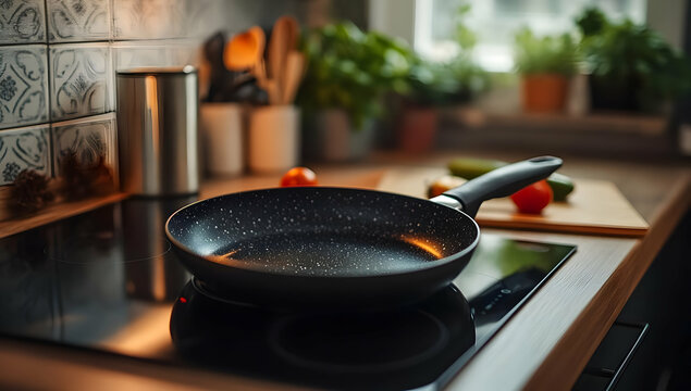 A sleek frying pan sits on a modern stove surrounded by vibrant vegetables and herbs, perfect for culinary inspiration.