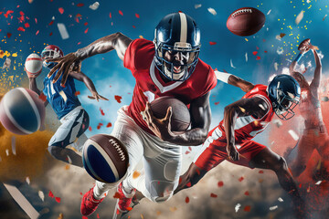 Fototapeta premium Collage of american football players running with the ball during a match with confetti in the air