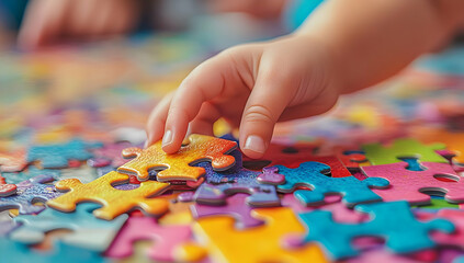 A child's hand carefully places a puzzle piece on a colorful puzzle, promoting creativity and cognitive development through play.