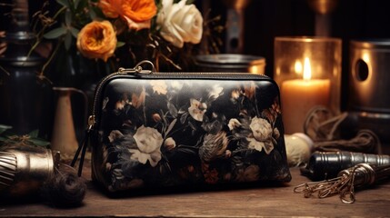 Floral Print Leather Clutch Bag on Wooden Table
