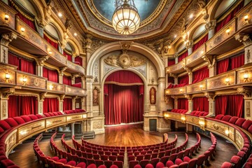 Elegant historic theater interior features ornate balconies, velvet seats, and a majestic red curtain adorning a classic proscenium arch stage, evoking timeless drama and sophistication.