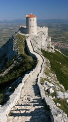 Fototapeta premium A Nordic lighthouse stands majestically on a mountain, offering breathtaking views of the blue sea and sky. Lush greenery envelops the surroundings, illuminating the scene