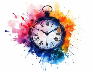 A vibrant watercolor painting of a clock surrounded by colorful splashes, symbolizing the passage of time and creativity.