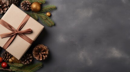 A Festive Feast for the Eyes: Captivating Top-View of Christmas Gift Adorned with Pine Cones and Cin
