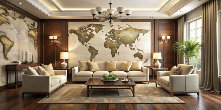 Elegant luxury living room with cream-colored sofas, dark wood flooring, and a stunning high-definition world map spanning an entire wall, exuding sophistication and global style.