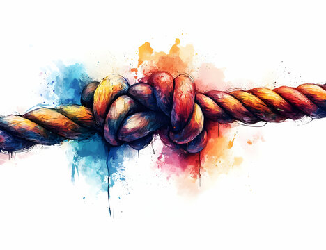 Colorful watercolor painting of a knot tied in rope, symbolizing strength, unity, and creativity in artistic form.