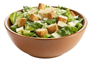 A delicious Caesar salad in a wooden bowl, featuring crisp romaine lettuce, crunchy croutons, and freshly grated Parmesan cheese. Isolated on a white background, perfect for restaurant menus, food blo