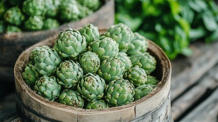 Obraz premium Fresh artichokes sit in a rustic wooden bowl against a blurred background rich in green leaves, emphasizing nature's bounty and freshness.
