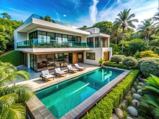 Fototapeta premium Luxurious modern villa surrounded by lush greenery featuring a turquoise swimming pool at its center, perfect for relaxation and outdoor entertainment.