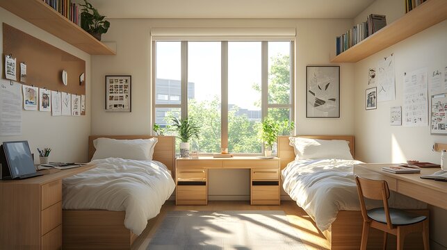 Bright modern college dorm room, twin beds with crisp white linens, wooden desks and chairs, open textbooks, cork bulletin boards, posters on walls, large windows with natural.